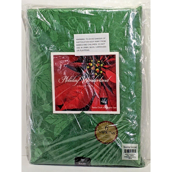 Christmas Holiday Tablecloth AND 6 Napkins 70" Round Green Poinsettia NEW - Picture 5 of 5